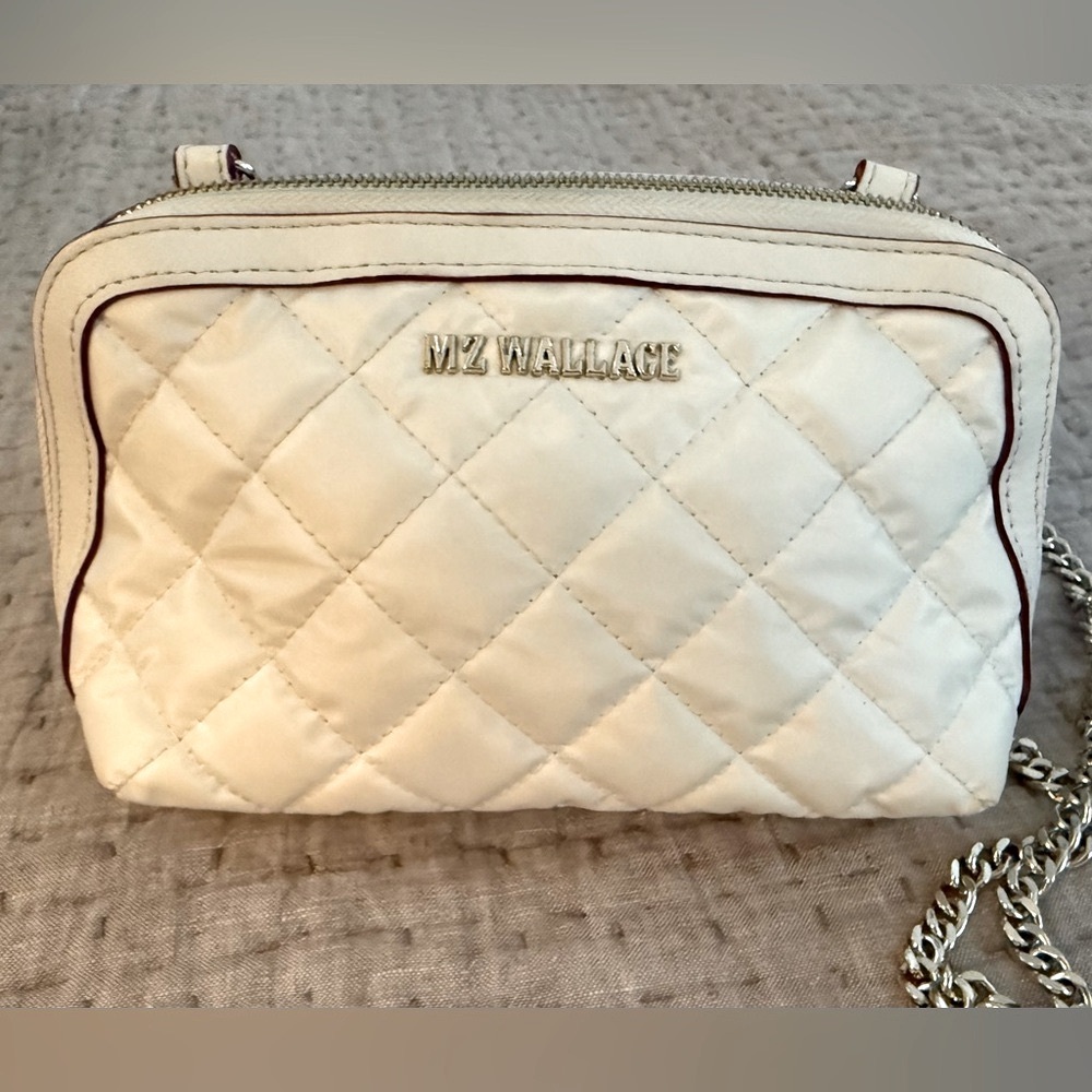 MZ Wallace Cream Quilted Small Crossbody Bag with Gold Chain